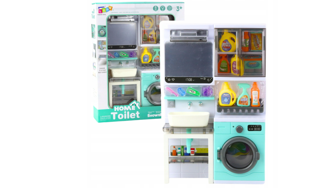 Set baie de jucarie, chiuveta cu oglinda, masina de spalat, efecte de lumina si sunet, 21 x 32 x 6 cm, Lean 23348