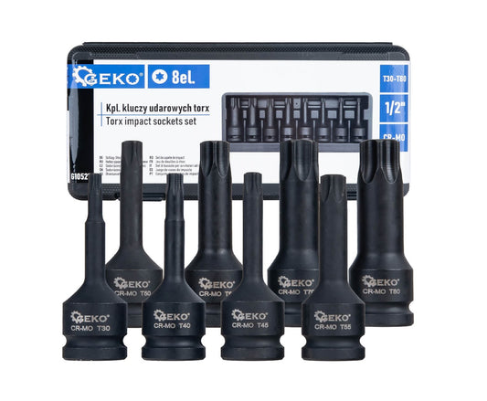 Set chei tubulare de impact TORX, 1/2" T30-T80, Cr-Mo, 8 bucati, Geko G10527