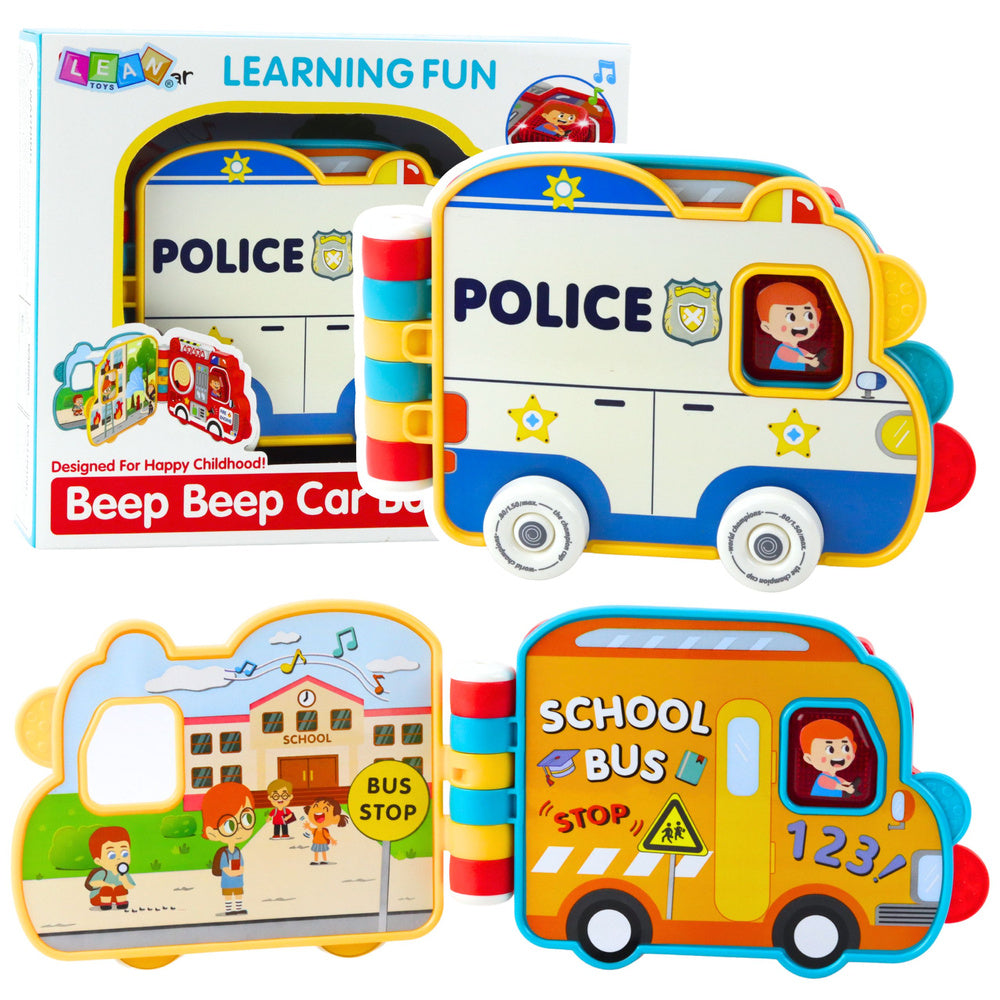 Carte interactiva educationala Beep Beep Car Book, vehicule, sunete, muzica, 20 x 13 x 4.5 cm, Lean 28645