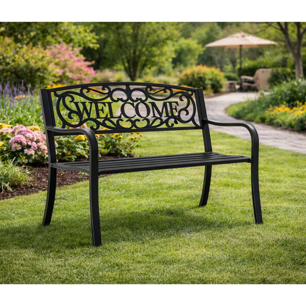 Banca pentru terasa cu spatar metalic Welcome, negru, 127 cm, Lean 29322