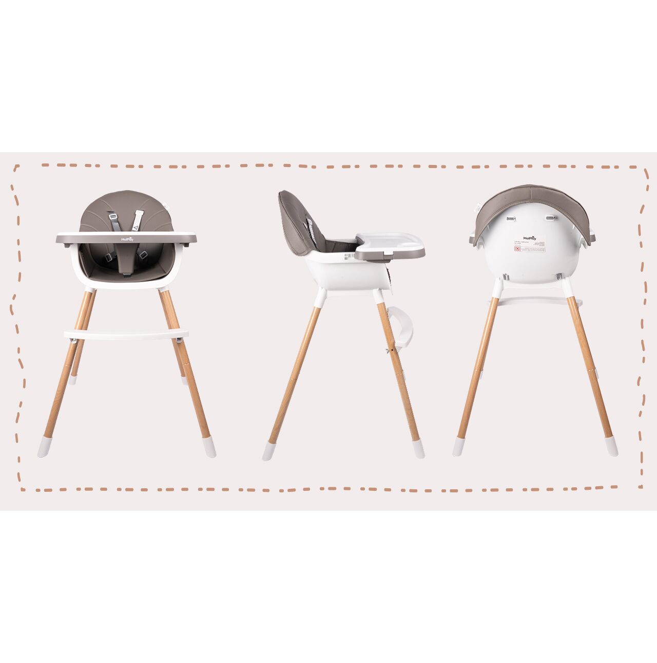 Scaun inalt 3 in 1 pentru hranire, reglabil, cu centuri de siguranta, MalPlay 113158