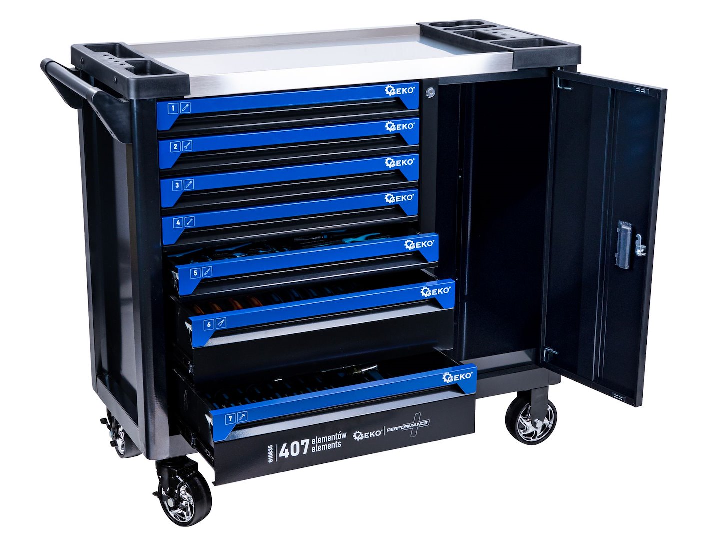 Dulap cu scule pentru atelier, 7 sertare, 407 bucati, Geko G10835