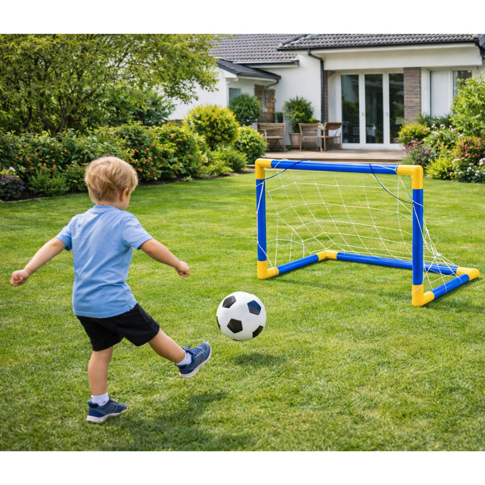 Set poarta de fotbal cu minge si pompa, 62 x 40 cm, albastru / galben, Lean 30510
