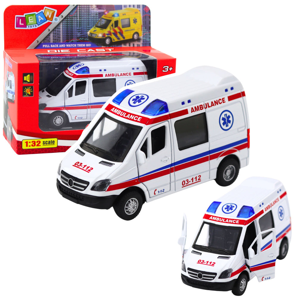 Ambulanta metalica 1:32 cu sistem pull back, efecte de lumina si sunet, Lean 23178