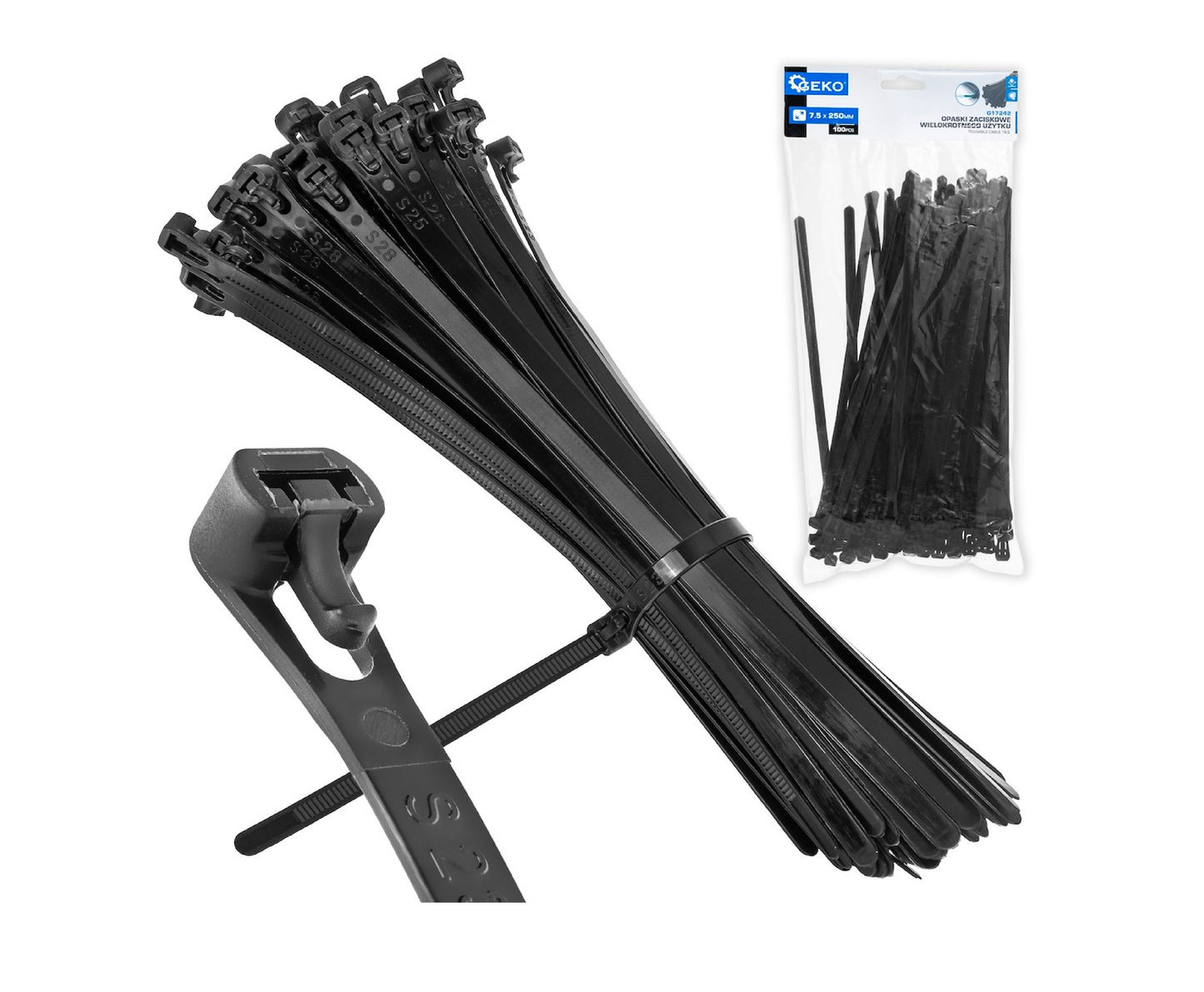 Set legaturi nylon reutilizabile, negru, 7,5x250mm, 100 bucati, Geko G17242