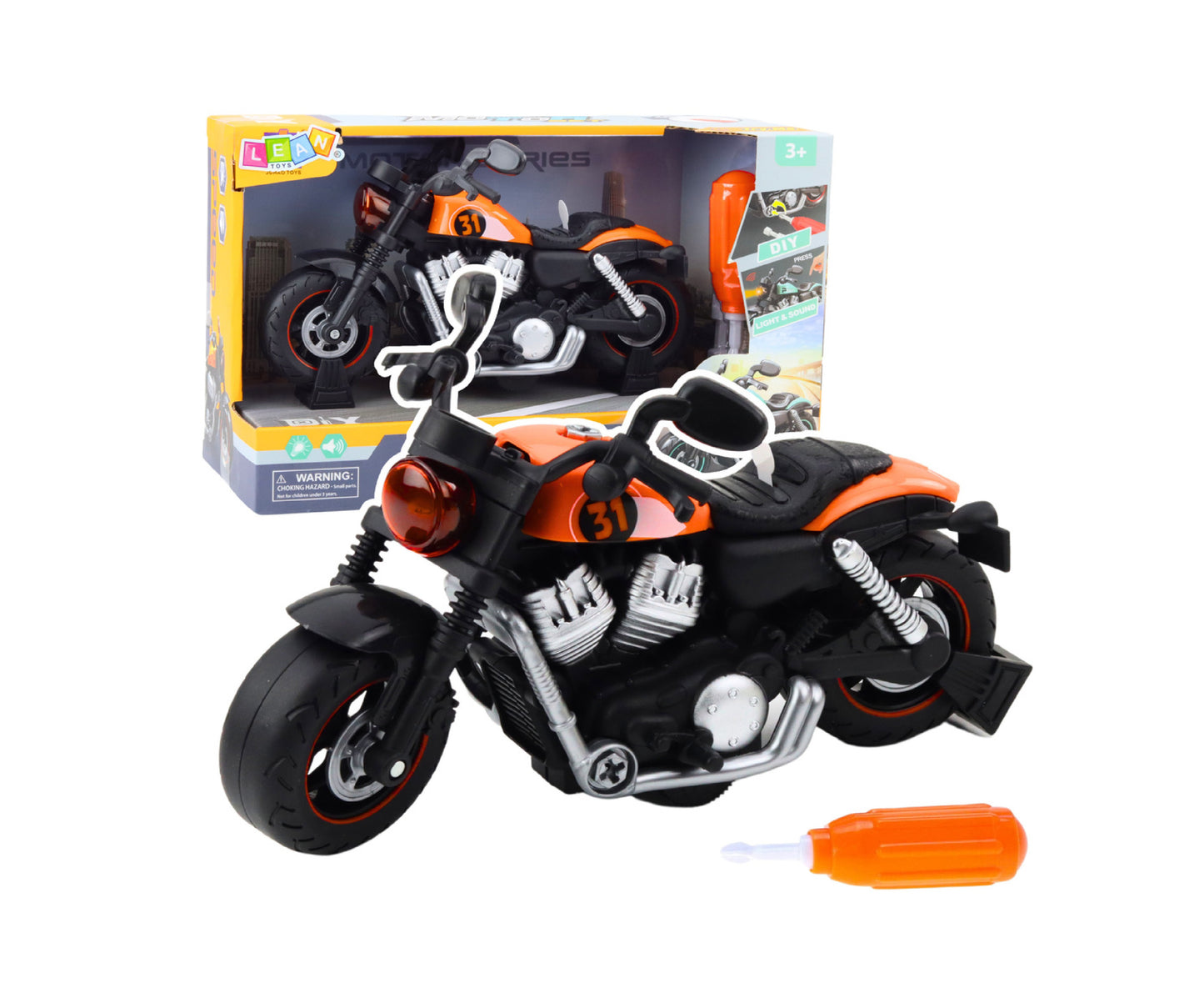 Motocicleta de jucarie cu efecte sonore si luminoase, 20 x 13 x 8 cm, negru / portocaliu, Lean 24217