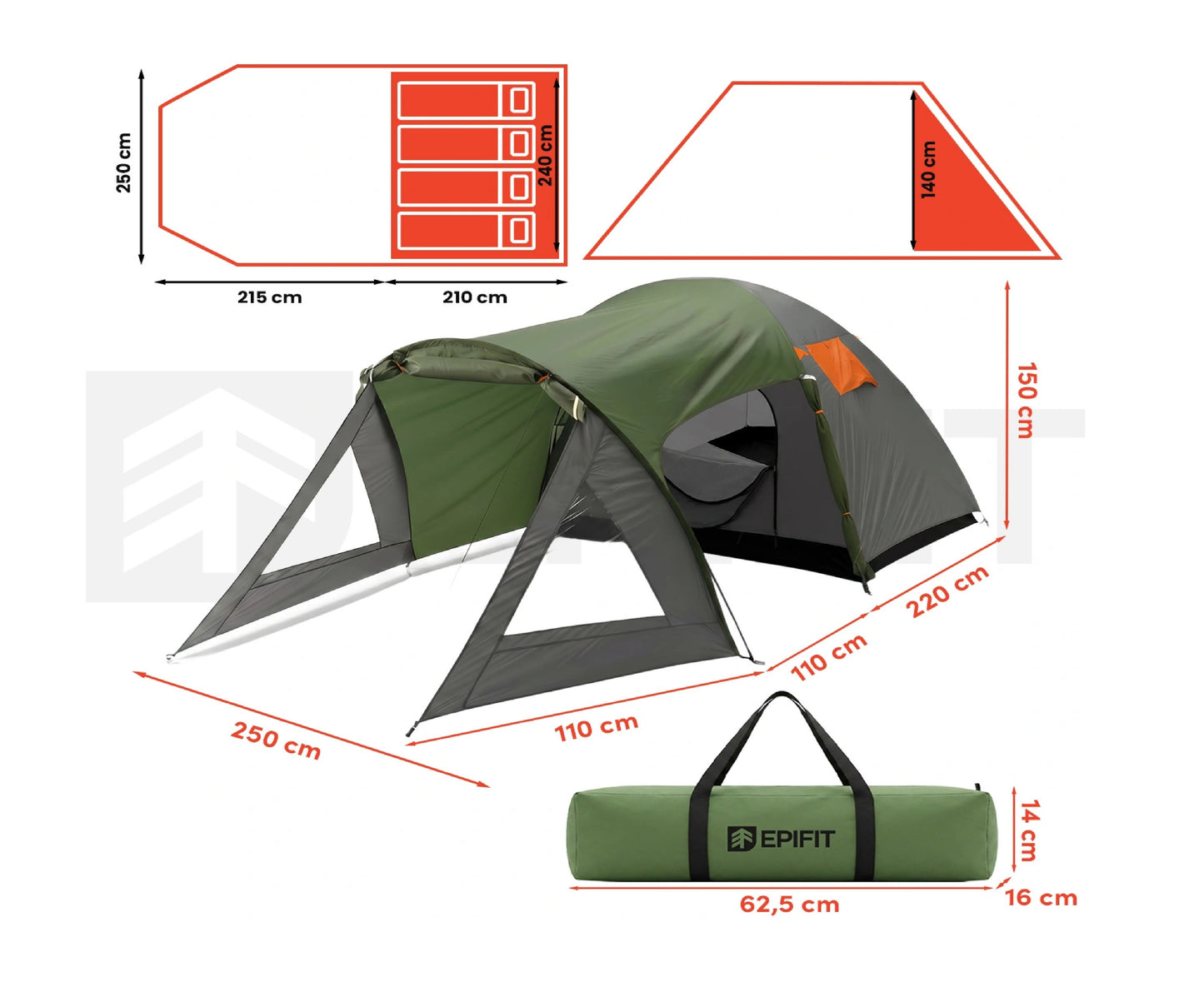 Cort impermeabil pentru 4 persoane Horizon 4.0 cu prelata, 435x240x135 cm, MalTec 114813