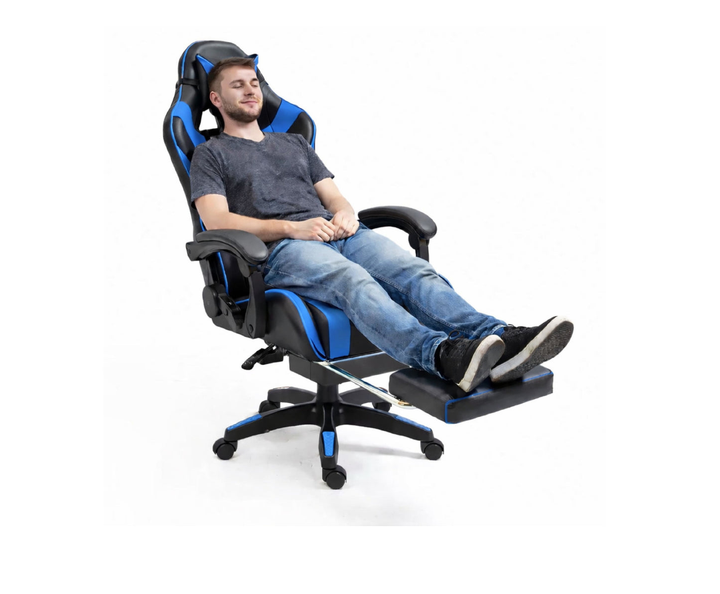 Scaun pentru gaming rotativ cu suport pentru picioare, negru / albastru, Lean 30555