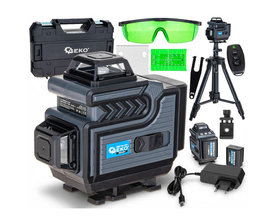 Laser cu linii incrucisate 360° 4D, fascicul verde, 16 linii, cu stativ, 2 acumulatori si set complet de accesorii, Geko G03321