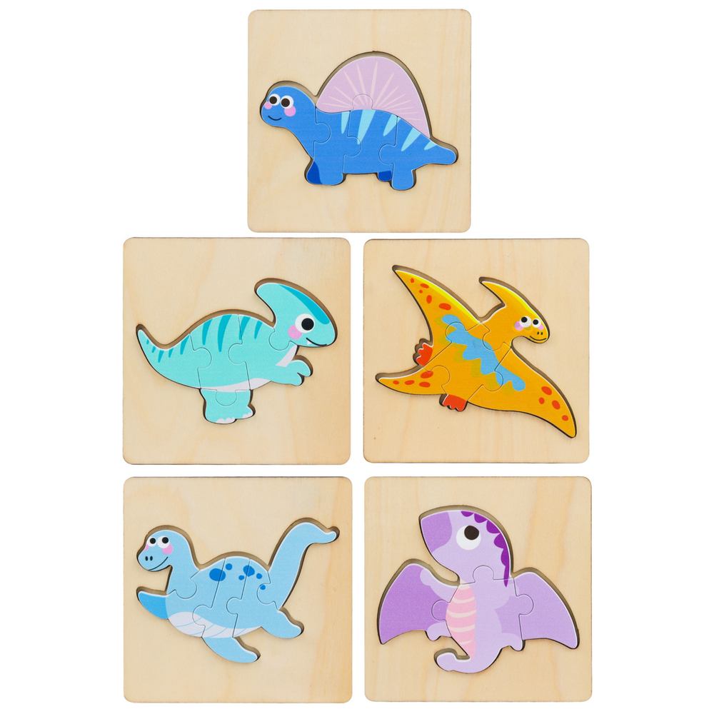 Puzzle din lemn cu dinozauri, 11 x 11 cm, Lean 22030