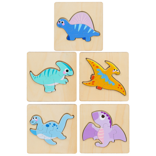 Puzzle din lemn cu dinozauri, 11 x 11 cm, Lean 22030