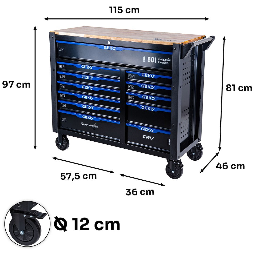 Dulap de scule pentru atelier, 12 sertare, 501 bucati, Geko G10834