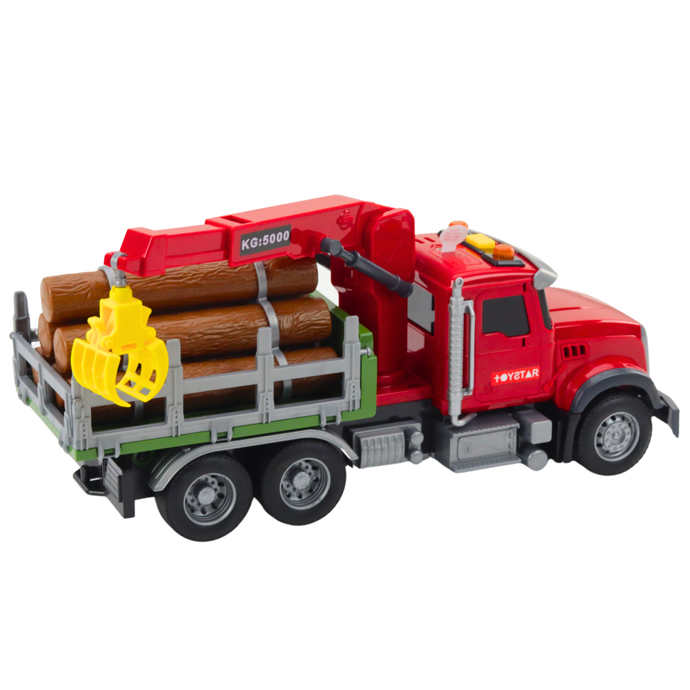 Camion cu macara pentru lemne cu 3 busteni, 31 x 13.5 x 10.5 cm, efecte sonore si luminoase, rosu, Lean 21447