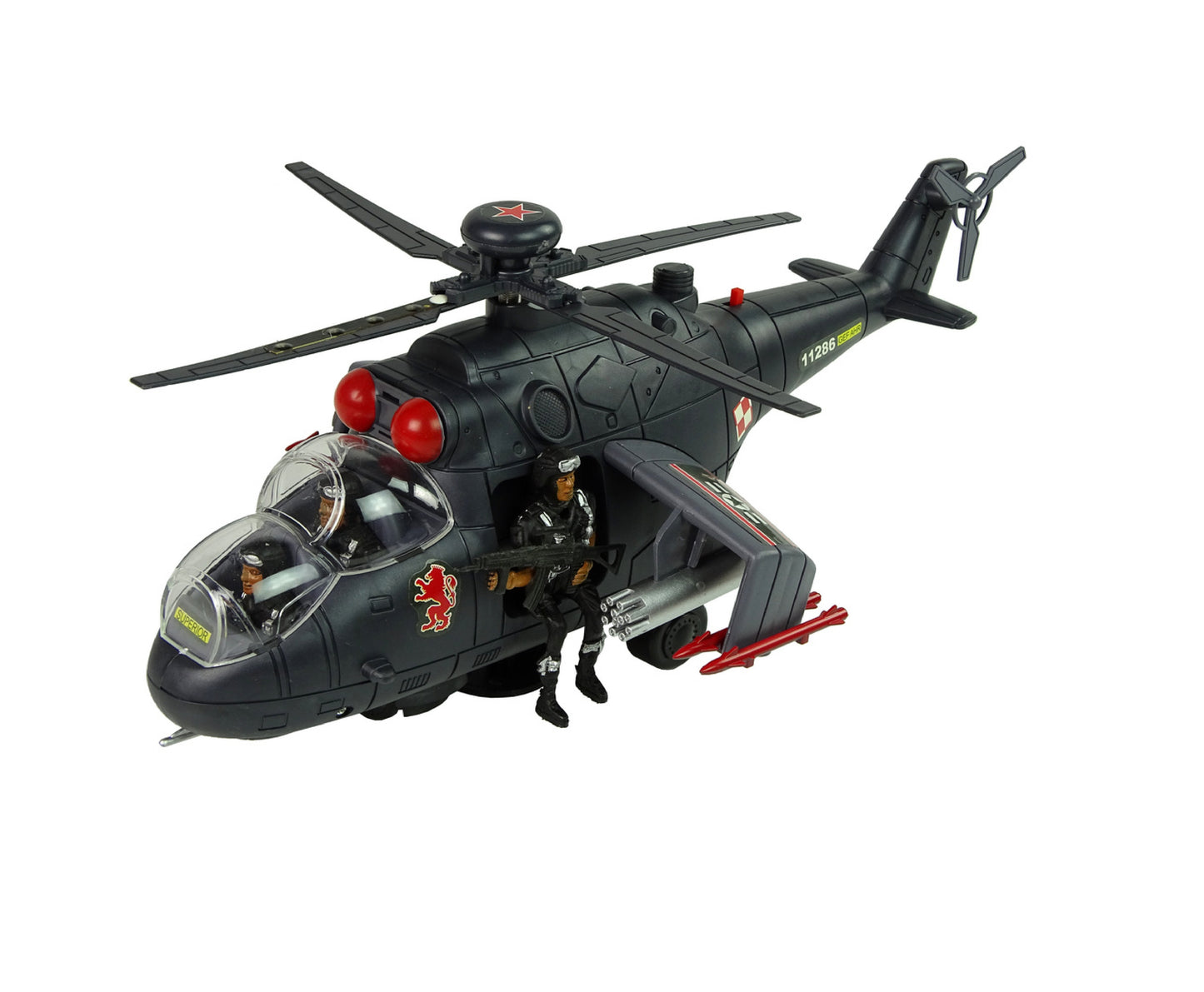 Elicopter militar cu efecte sonore si luminoase, 34 x 24 x 16 cm, set cu figurine 3 soldati, Lean 10037