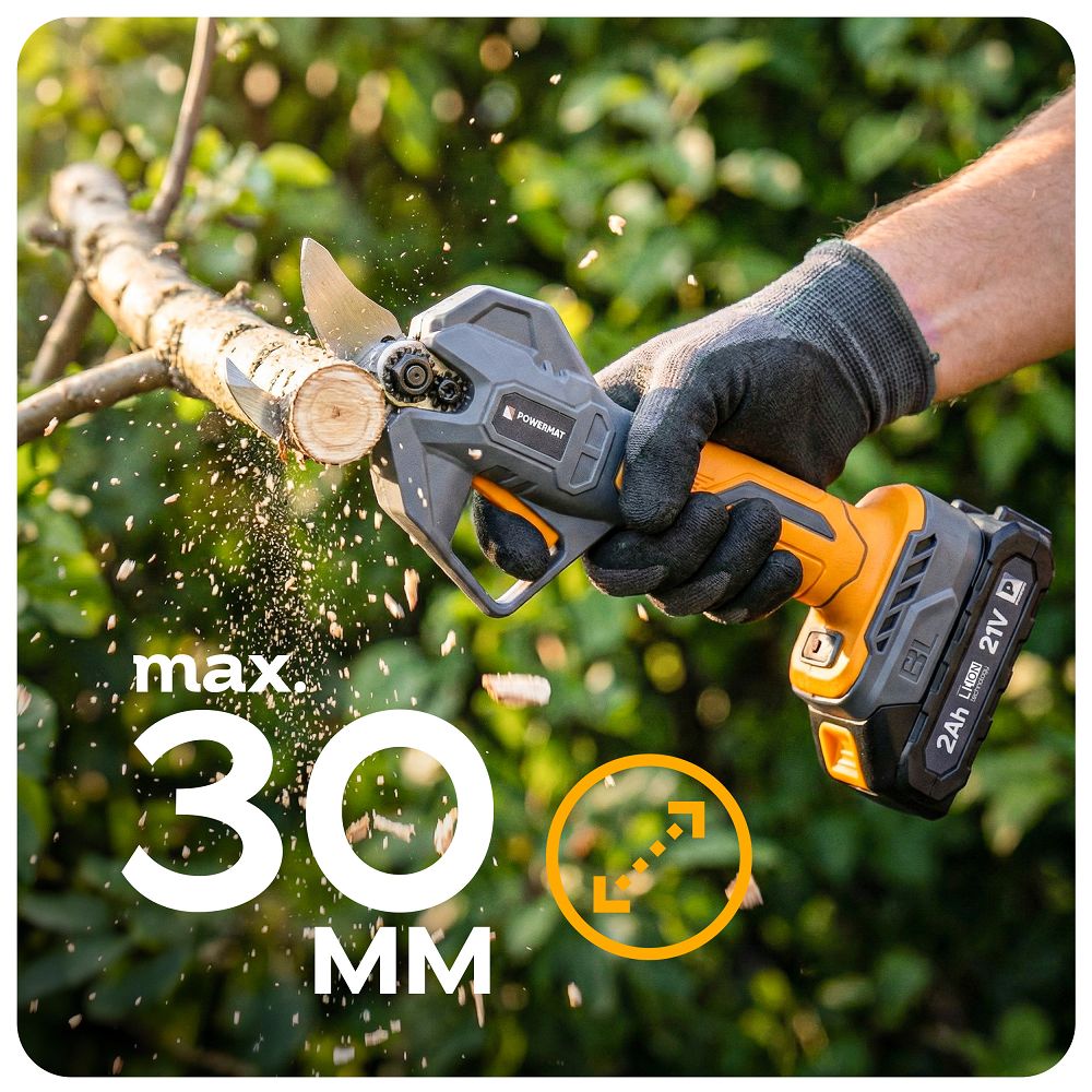 Foarfeca electrica cu acumulator pentru gradina PM-SA-21V-2AM, 30 mm, 1000 W, 2 x 21 V, afisaj LCD, Powermat PM1550