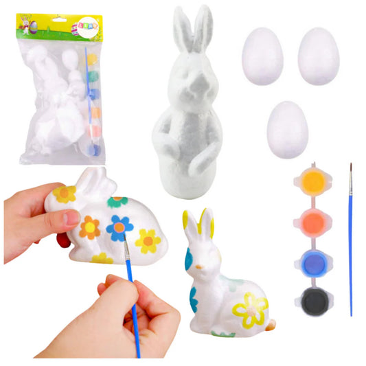 Set pictura decoratiuni Paste, iepure 15 cm, oua 5 cm, 4 culori, pensula, Lean 21353