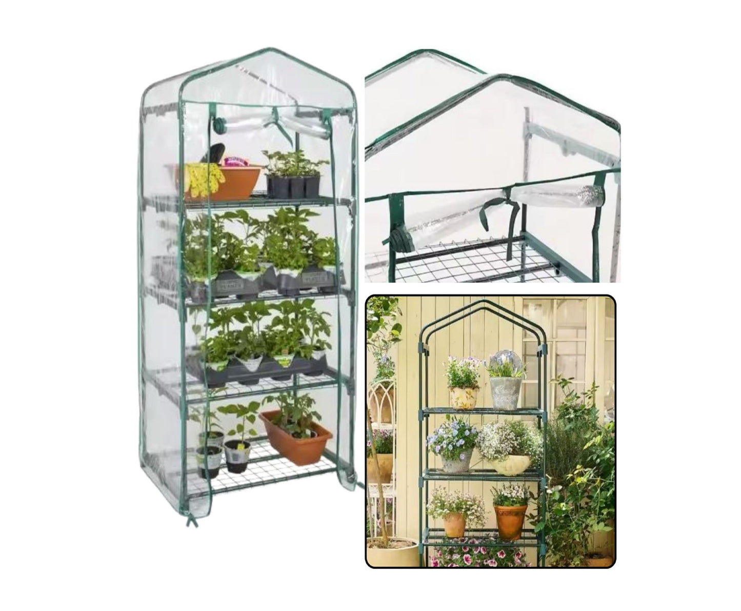 Mini sera de gradina pentru balcon cu 4 rafturi metalice, folie PVC, 69 x 49 x 157 cm, Lean 26615