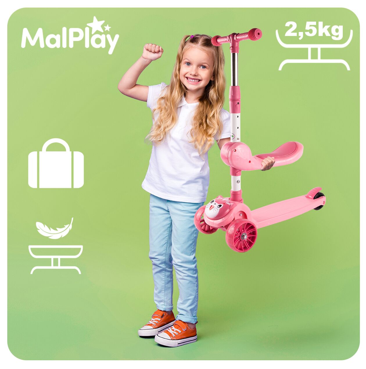 Trotineta pliabila cu 3 roti iluminate LED pisicuta 2 in 1, roz, MalPlay 112313