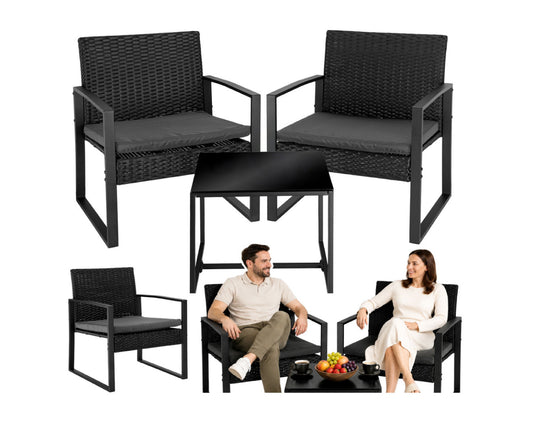 Set mobilier de gradina din ratan cu masuta de cafea, 2 scaune, negru, Lean 29244