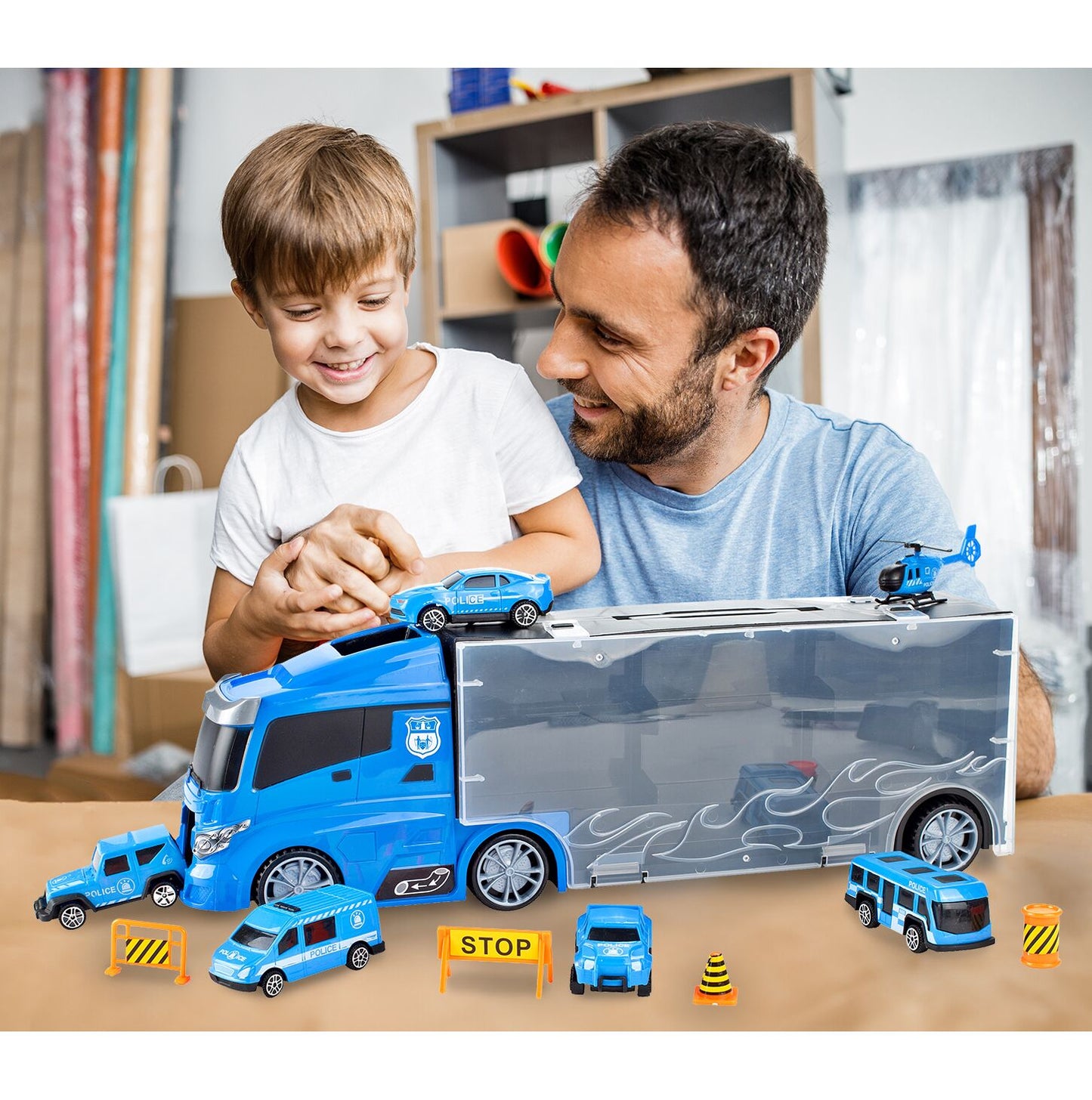Set camion cu vehicule de politie, 41 x 10 x 15 cm, MalPlay 108438