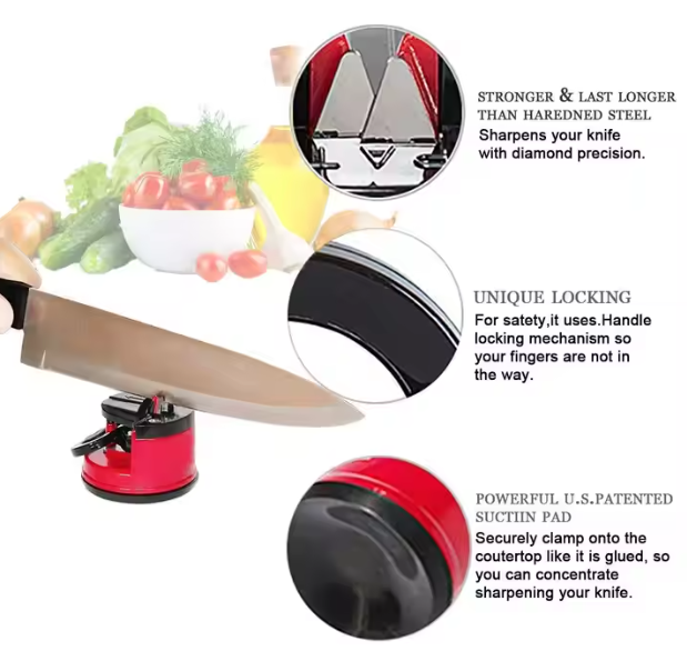 Ascutitor de cutite si foarfece cu ventuza si si maneta de bocare, rosu, Lean 26574