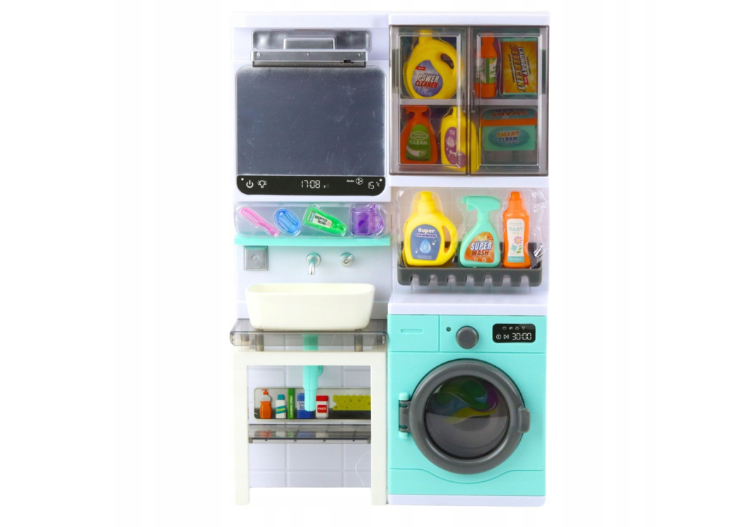 Set baie de jucarie, chiuveta cu oglinda, masina de spalat, efecte de lumina si sunet, 21 x 32 x 6 cm, Lean 23348