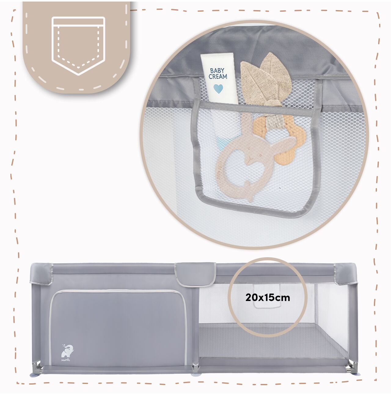 Tarc de joaca pliabil pentru copii, 120 x 180 cm, gri, MalPlay 113161