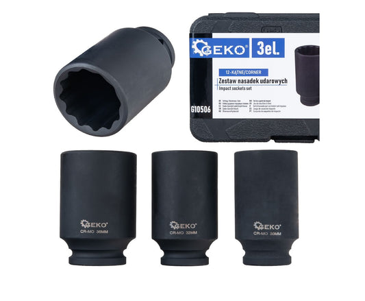Set chei tubulare de impact in 12 puncte, 1/2" 30-36mm, Cr-Mo, 3 bucati, Geko G10506
