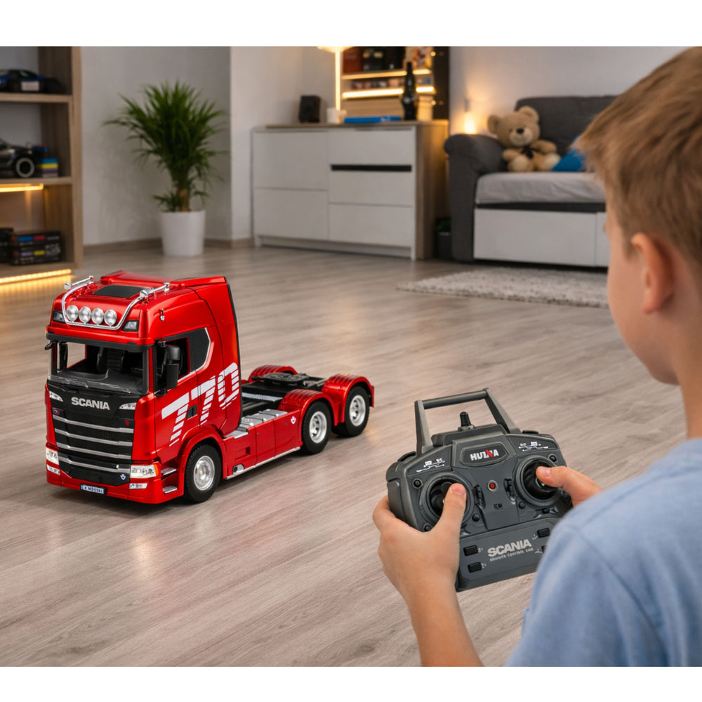 Camion electric Scania cu telecomanda, rosu, 1:18, Lean 27668