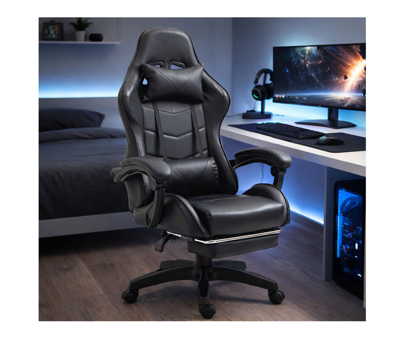 Scaun pentru gaming rotativ cu suport pentru picioare, negru, Lean 30552