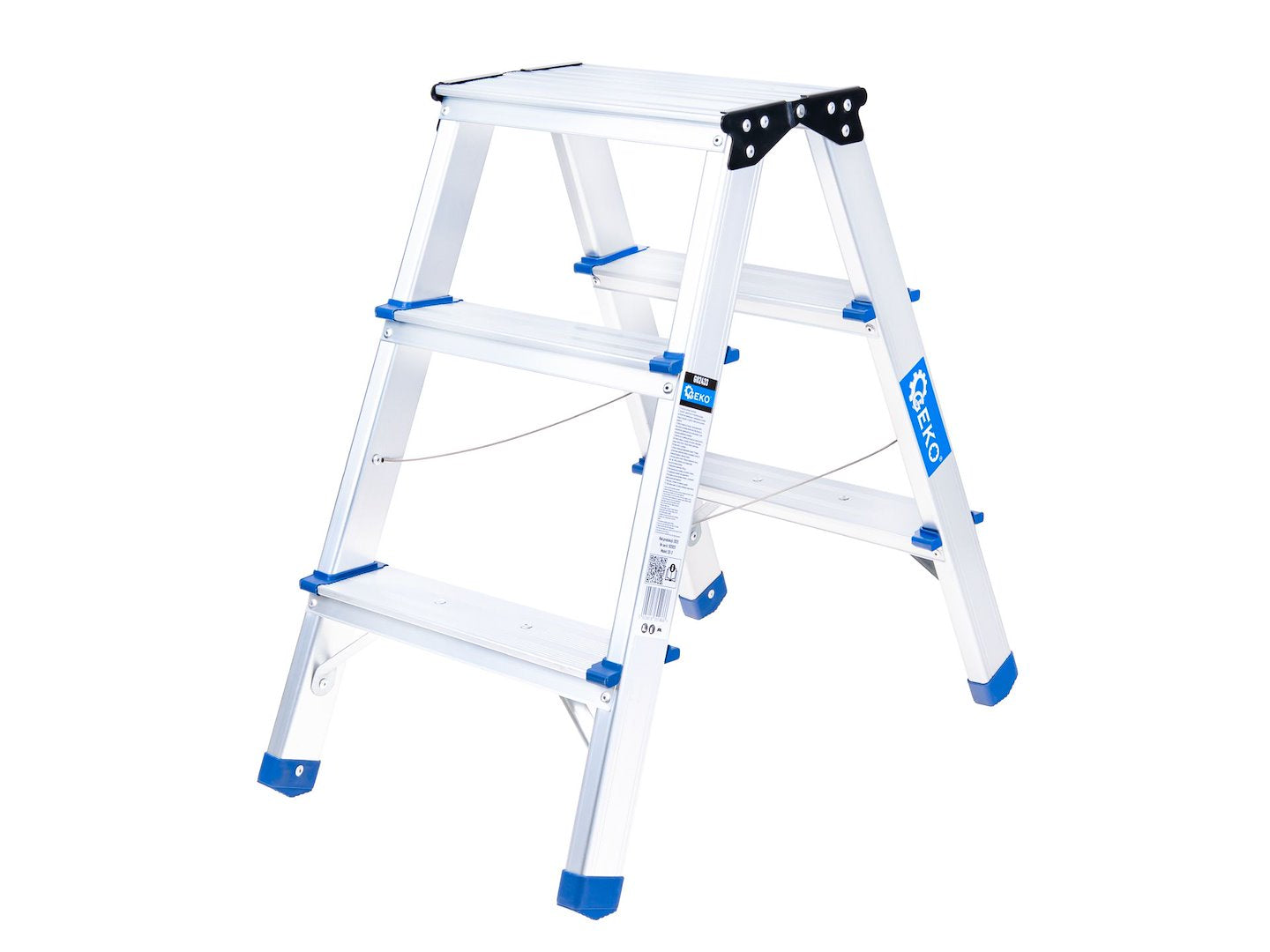 Scara dubla din aluminiu cu 3 trepte, inaltime de lucru 2.19 m, capacitate maxima 150 kg, Geko G02433