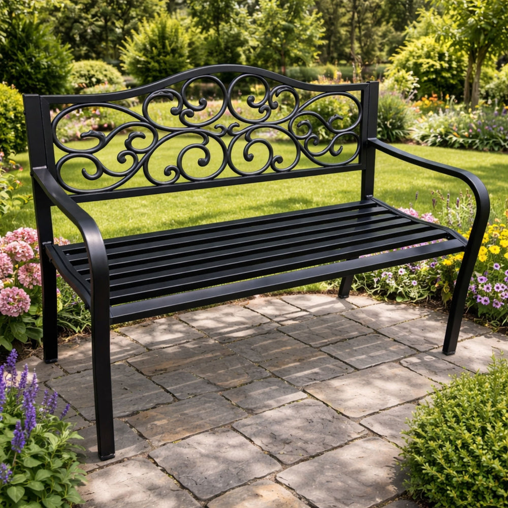 Banca pentru terasa cu spatar metalic decorat, 127 x 60 x 89 cm, Lean 29323