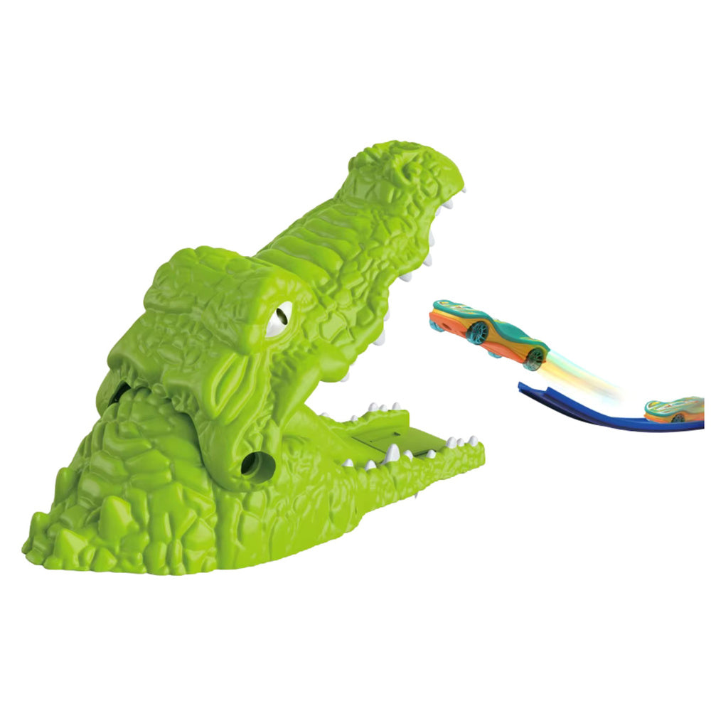 Pista de masinute cu catapulta si crocodil, 35 x 25 x 10 cm, verde, Lean 23200