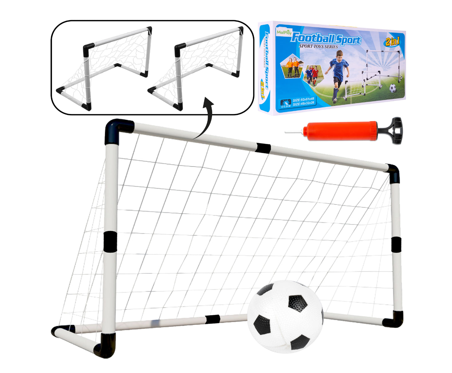 Set complet fotbal pentru copii 2 in 1, include poarta mare si 2 porti mici de antrenament, cu minge si pompa inclusa, MalPlay ML110267