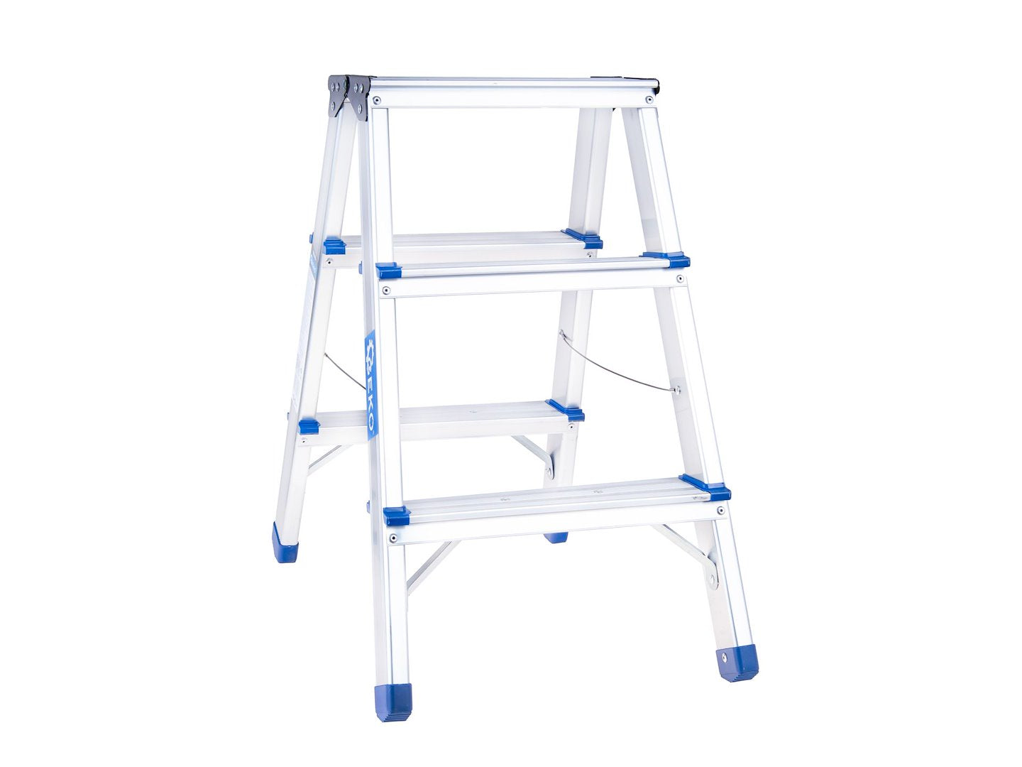 Scara dubla din aluminiu cu 3 trepte, inaltime de lucru 2.19 m, capacitate maxima 150 kg, Geko G02433