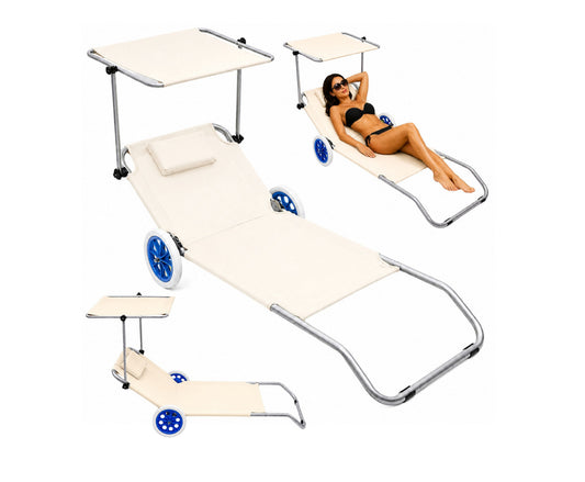 Sezlong pliabil pentru gradina cu roti si copertina, 150 x 60 cm, alb, Lean 30547