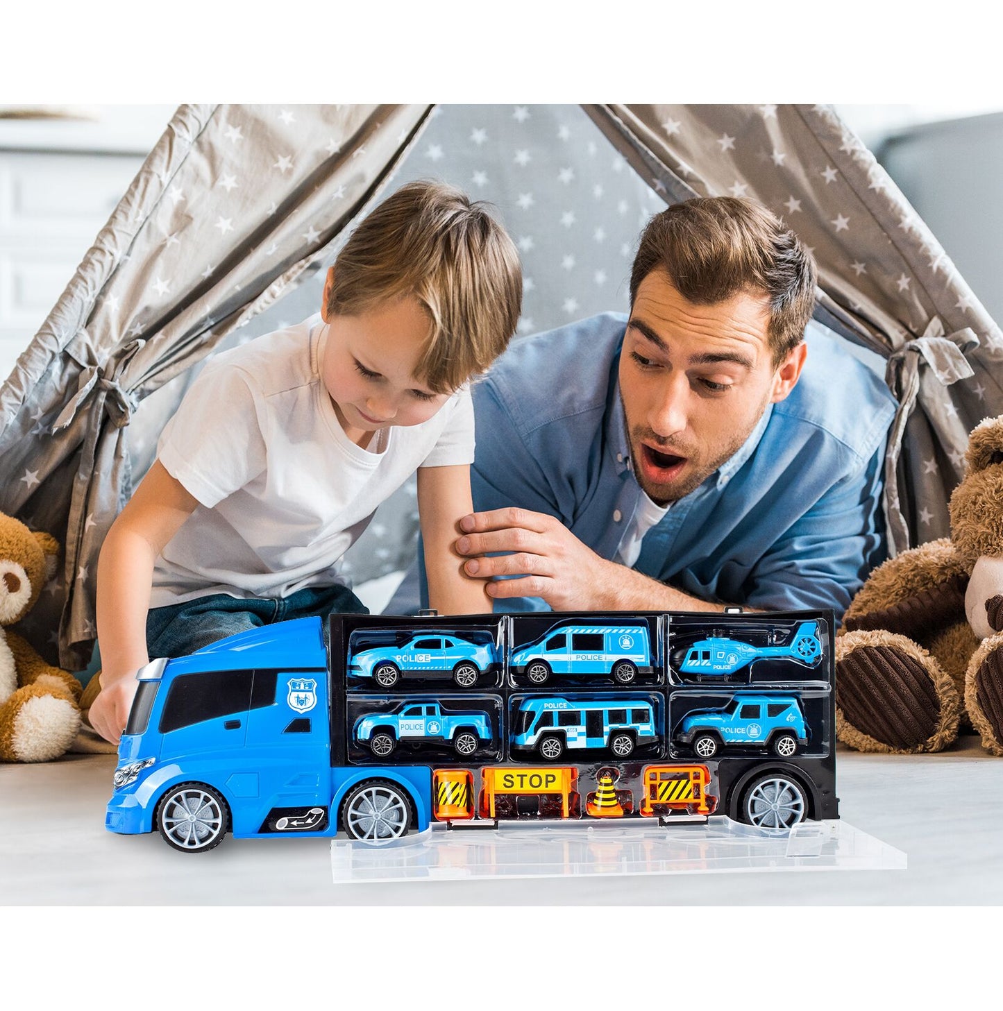 Set camion cu vehicule de politie, 41 x 10 x 15 cm, MalPlay 108438