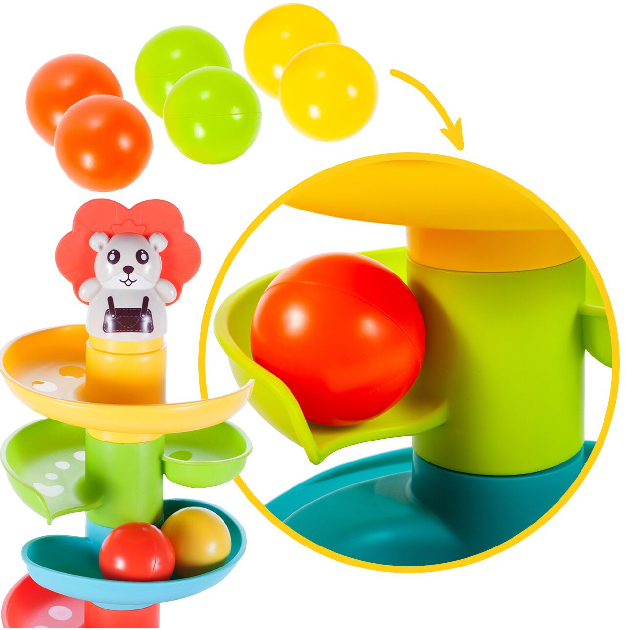 Jucarie pentru copii tobogan spiralat multicolor, inaltime 60 cm, 6 bilute, MalPlay 108092