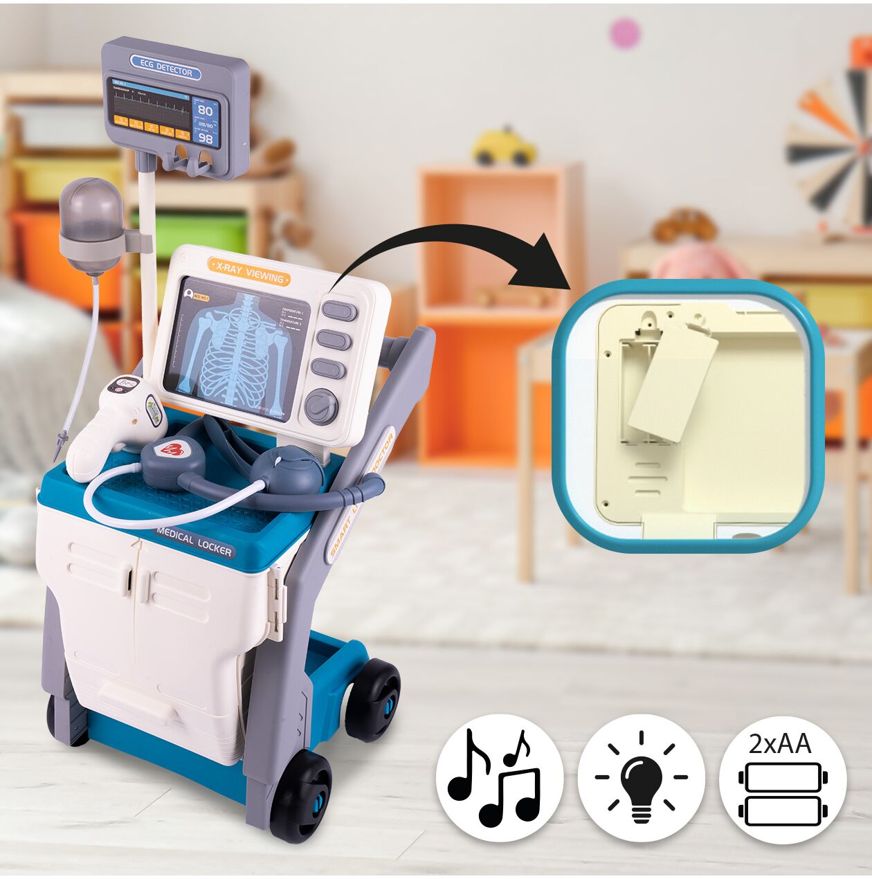 Set de joaca carucior medical mobil pe roti, 15 accesorii esentiale incluse, efecte sonore, 56.5 x 23 x 20 cm, MalPlay 110264