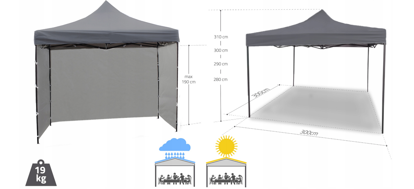 Cort pavilion cu 3 pereti, gri, 3 x 3 m, MalTec 112812