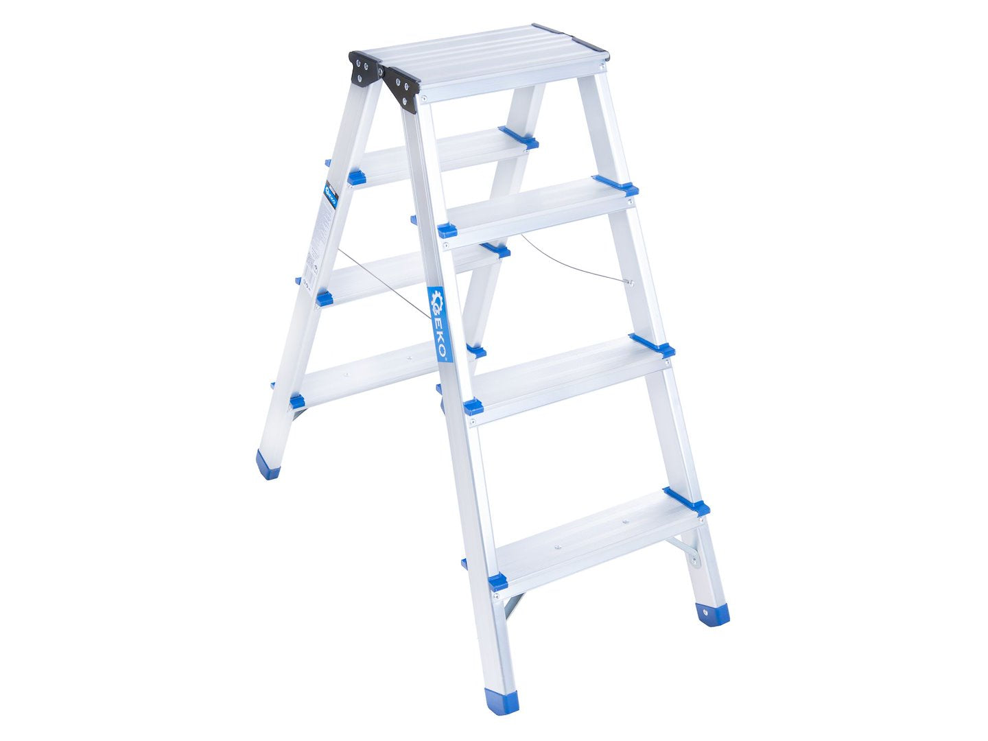 Scara dubla din aluminiu cu 4 trepte, inaltime de lucru 2.41 m, capacitate maxima 150 kg, Geko G02434