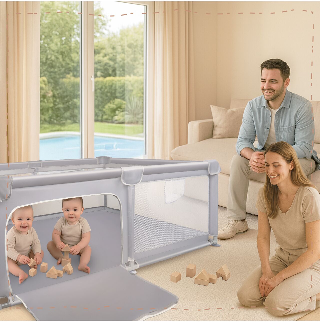 Tarc de joaca pliabil pentru copii, 120 x 180 cm, gri, MalPlay 113161