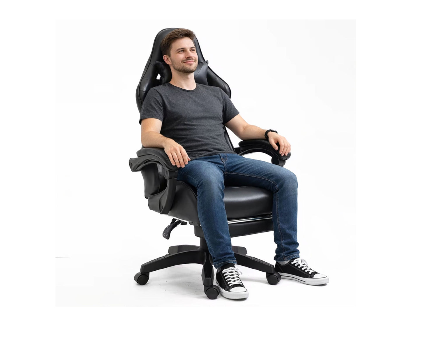 Scaun pentru gaming rotativ cu suport pentru picioare, negru, Lean 30552