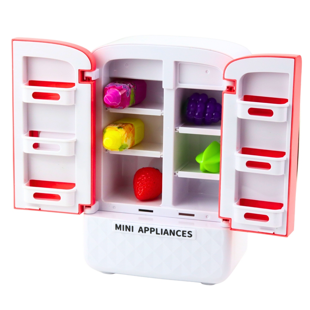 Frigider de jucarie cu efecte sonore si luminoase, 19.5 x 12 x 9 cm, set cu fructe si sucuri, Lean 24404