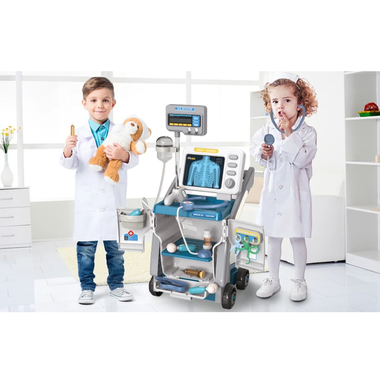 Set de joaca carucior medical mobil pe roti, 15 accesorii esentiale incluse, efecte sonore, 56.5 x 23 x 20 cm, MalPlay 110264