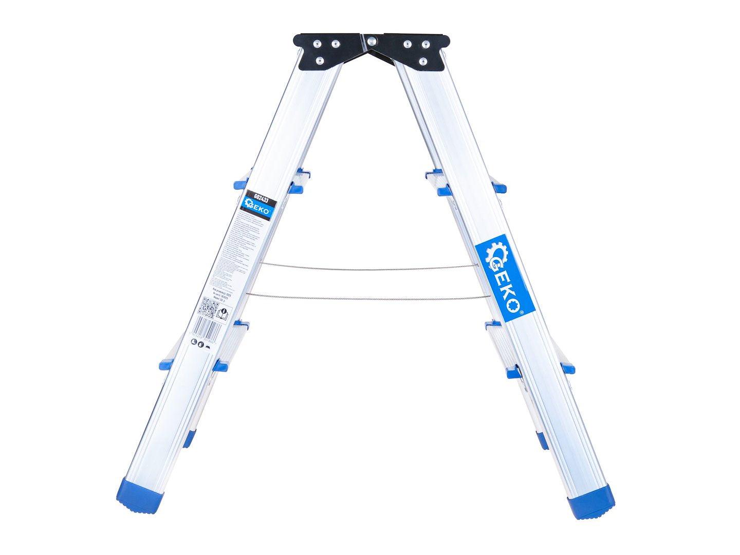 Scara dubla din aluminiu cu 3 trepte, inaltime de lucru 2.19 m, capacitate maxima 150 kg, Geko G02433