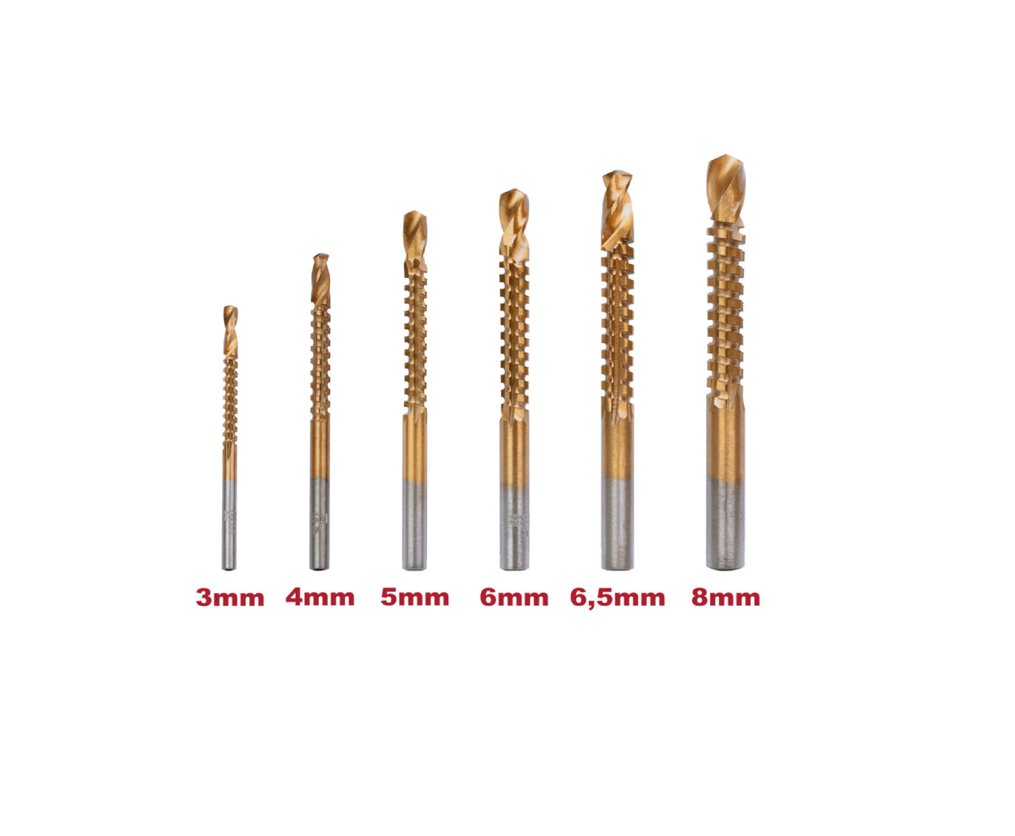 Set 6 burghie tip freza combinata, HSS TiN 1/4" CYL, diametre 3-8mm, Raider 150694