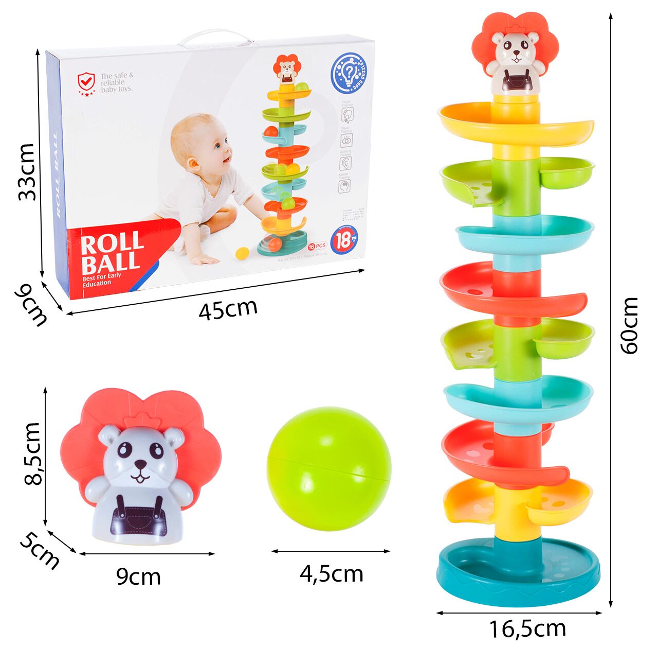 Jucarie pentru copii tobogan spiralat multicolor, inaltime 60 cm, 6 bilute, MalPlay 108092