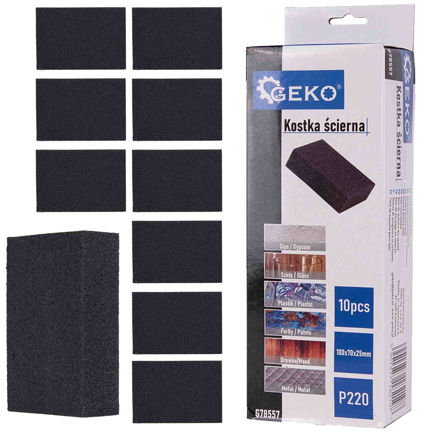 Set burete abraziv pentru slefuit, 70 x 100 x 25 mm, P220, 10 bucati, Geko G78557