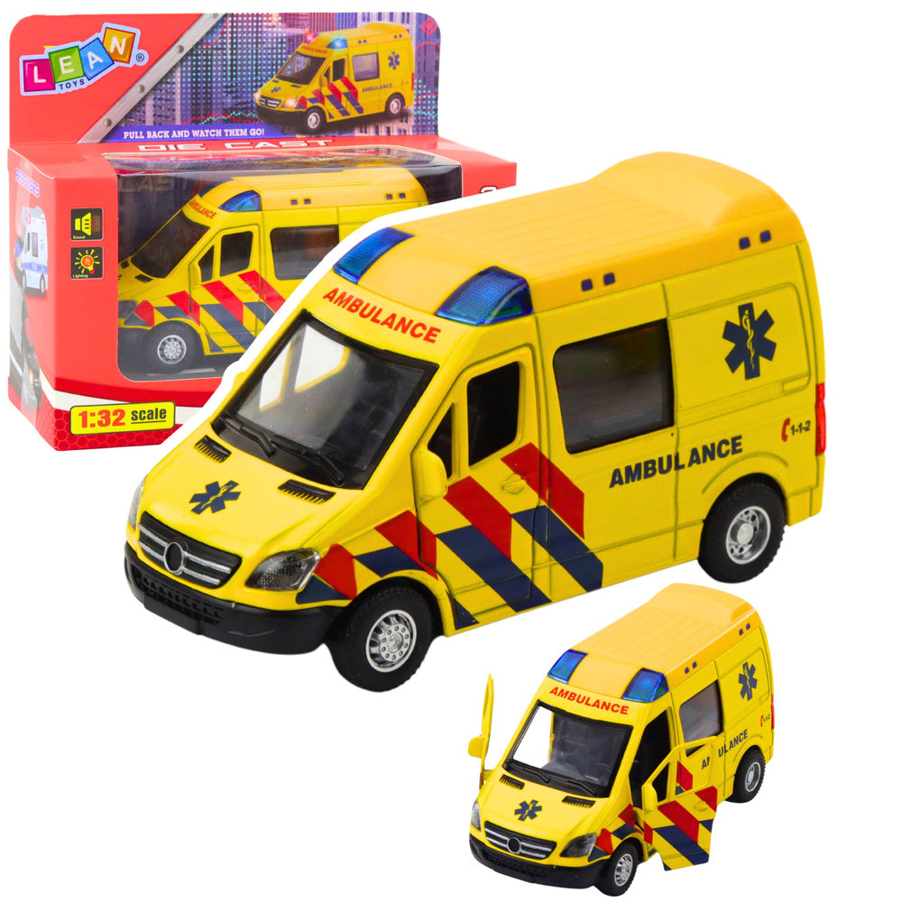 Ambulanta metalica cu efecte sonore si luminoase, galben, Lean 23181